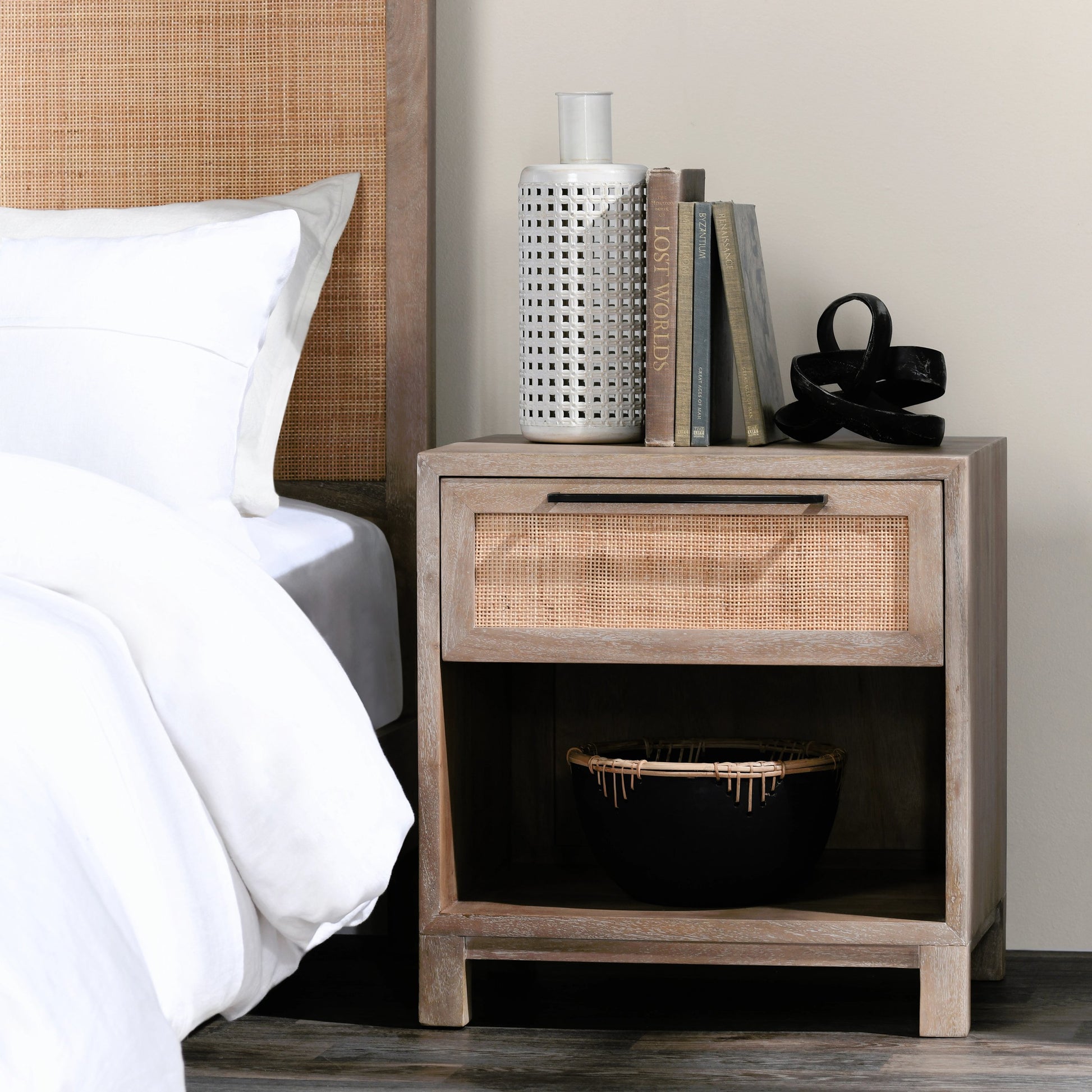 Jensen One-Drawer Mango Wood Nightstand by Classic Home in light brown. Made from mango wood, cane in a cottage & farmhouse style.