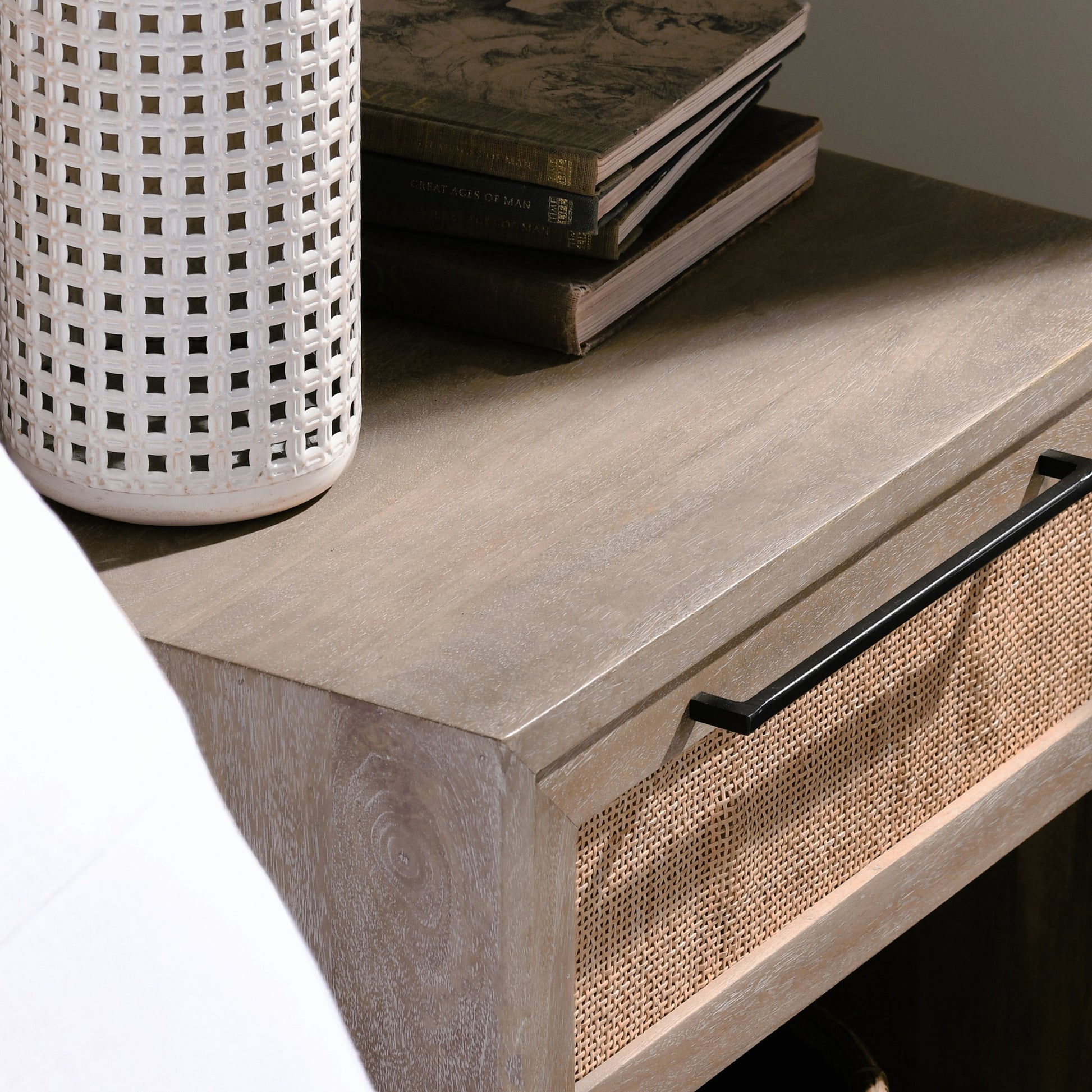 Jensen One-Drawer Mango Wood Nightstand by Classic Home in light brown. Made from mango wood, cane in a cottage & farmhouse style.