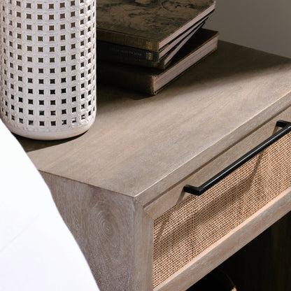 Jensen One-Drawer Mango Wood Nightstand by Classic Home in light brown. Made from mango wood, cane in a cottage & farmhouse style.