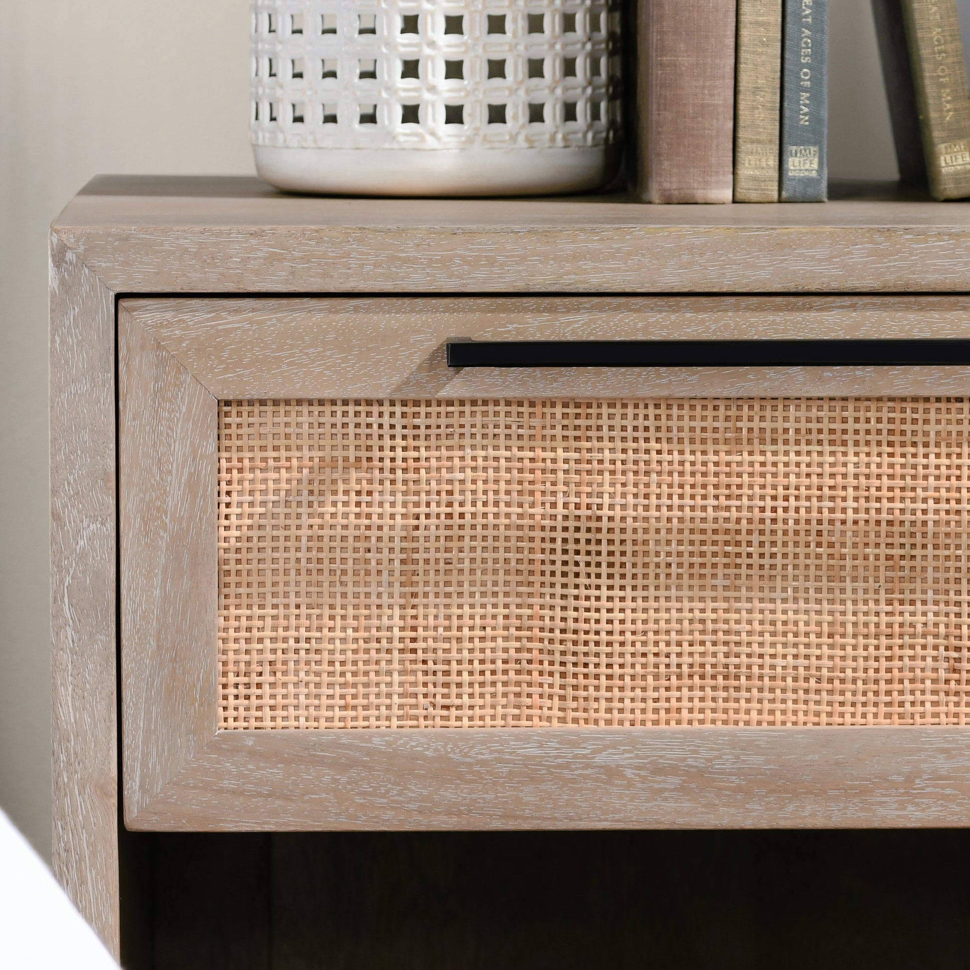 Jensen One-Drawer Mango Wood Nightstand by Classic Home in light brown. Made from mango wood, cane in a cottage & farmhouse style.