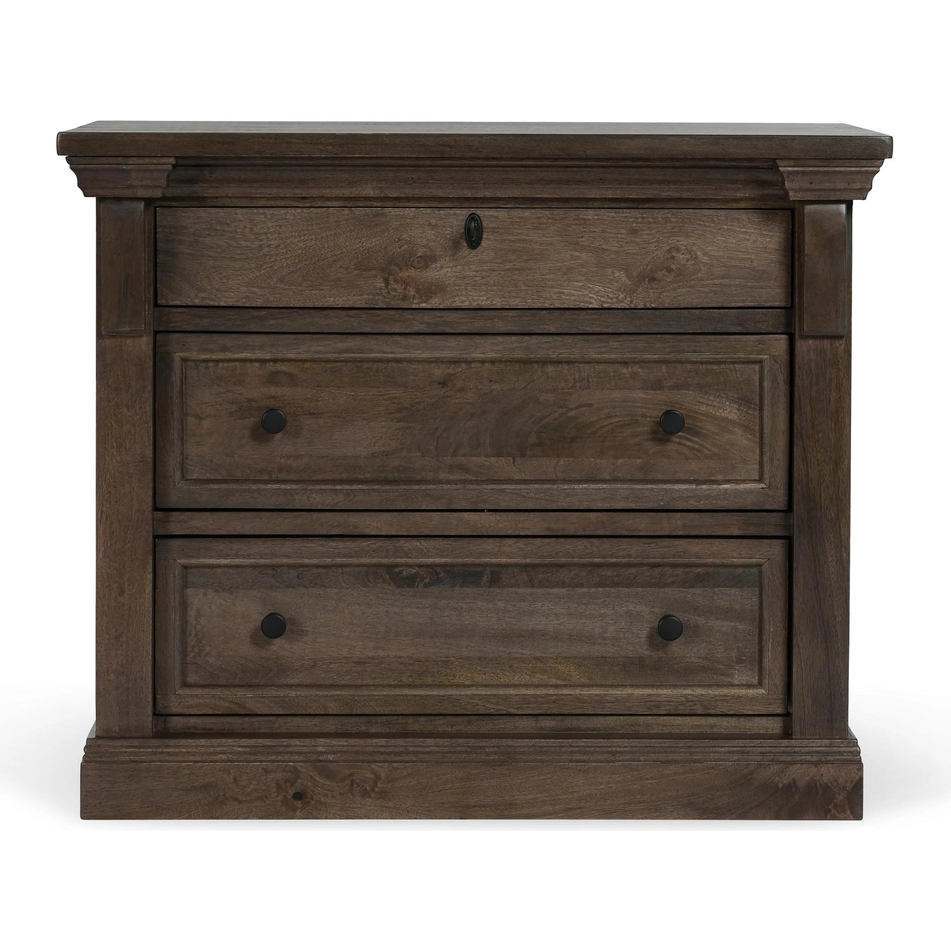 Adelaide Three-Drawer Mango Wood Nightstand by Classic Home in cocoa brown. Made from mango wood in a traditional style.