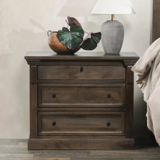 Adelaide Three-Drawer Mango Wood Nightstand by Classic Home in cocoa brown. Made from mango wood in a unique style.