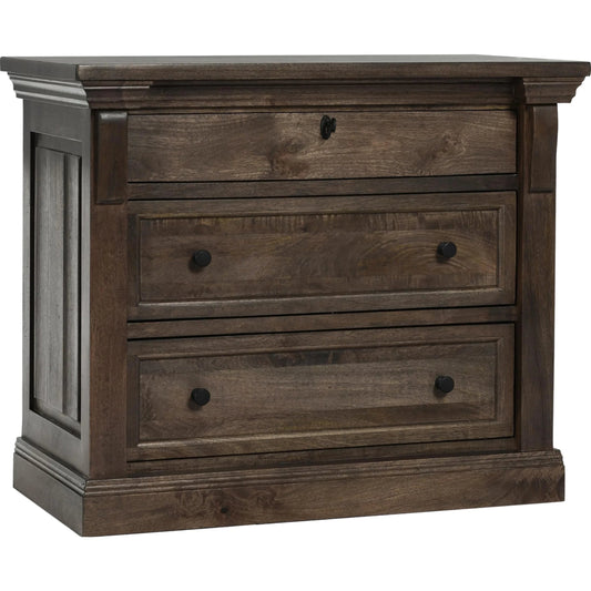 Adelaide Three-Drawer Mango Wood Nightstand by Classic Home in cocoa brown. Made from mango wood in a unique style.