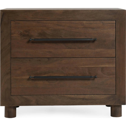 Jaxon Two-Drawer Acacia Wood Nightstand by Classic Home in cocoa brown. Made from acacia wood in a traditional style.