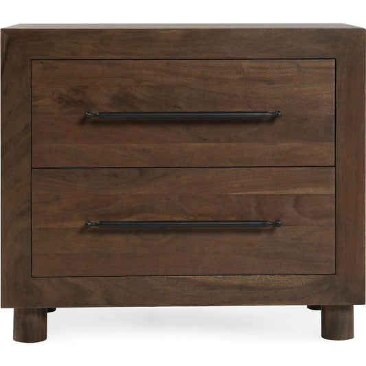 Jaxon Two-Drawer Acacia Wood Nightstand by Classic Home in cocoa brown. Made from acacia wood in a traditional style.