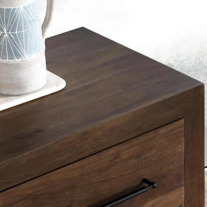 Jaxon Two-Drawer Acacia Wood Nightstand by Classic Home in cocoa brown. Made from acacia wood in a traditional style.