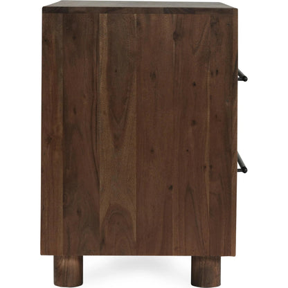 Jaxon Two-Drawer Acacia Wood Nightstand by Classic Home in cocoa brown. Made from acacia wood in a traditional style.