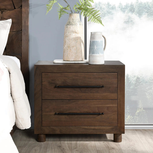 Jaxon Two-Drawer Acacia Wood Nightstand by Classic Home in cocoa brown. Made from acacia wood in a traditional style.