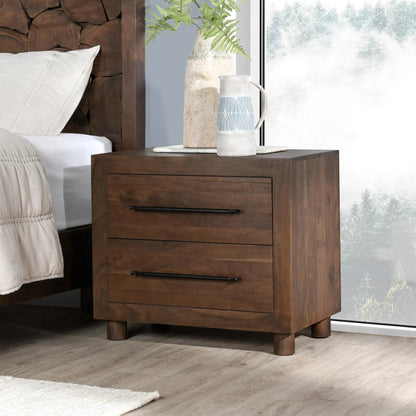Jaxon Two-Drawer Acacia Wood Nightstand by Classic Home in cocoa brown. Made from acacia wood in a traditional style.