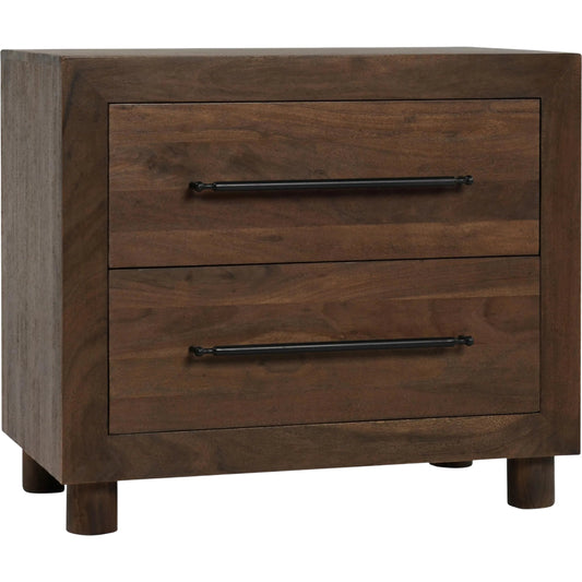 Jaxon Two-Drawer Acacia Wood Nightstand by Classic Home in cocoa brown. Made from acacia wood in a traditional style.