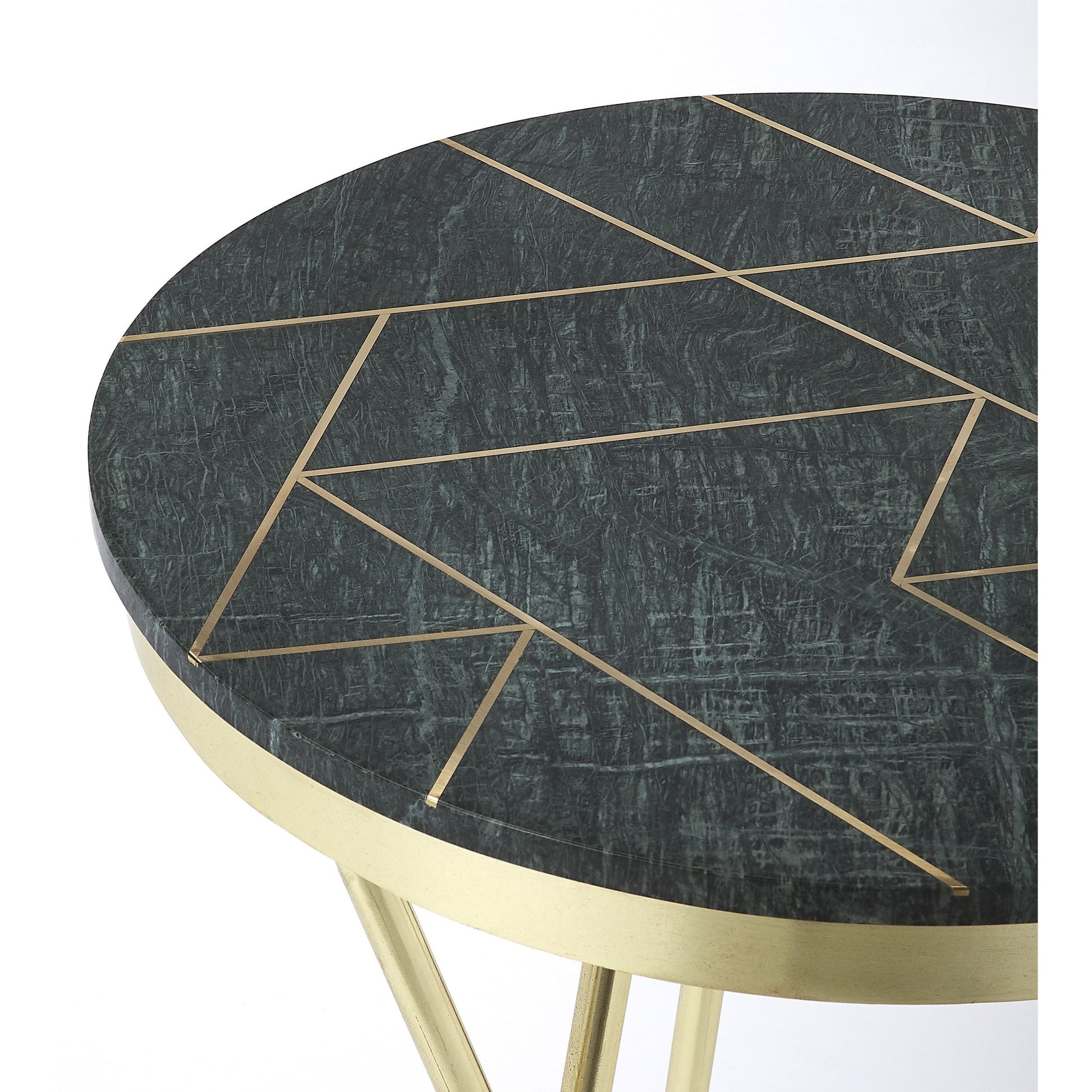 Haven Accent Table by Butler Specialty Company in green and metalworks. Made from iron, brass finish, mdf, marble, brass metal inlay design in a modern style.