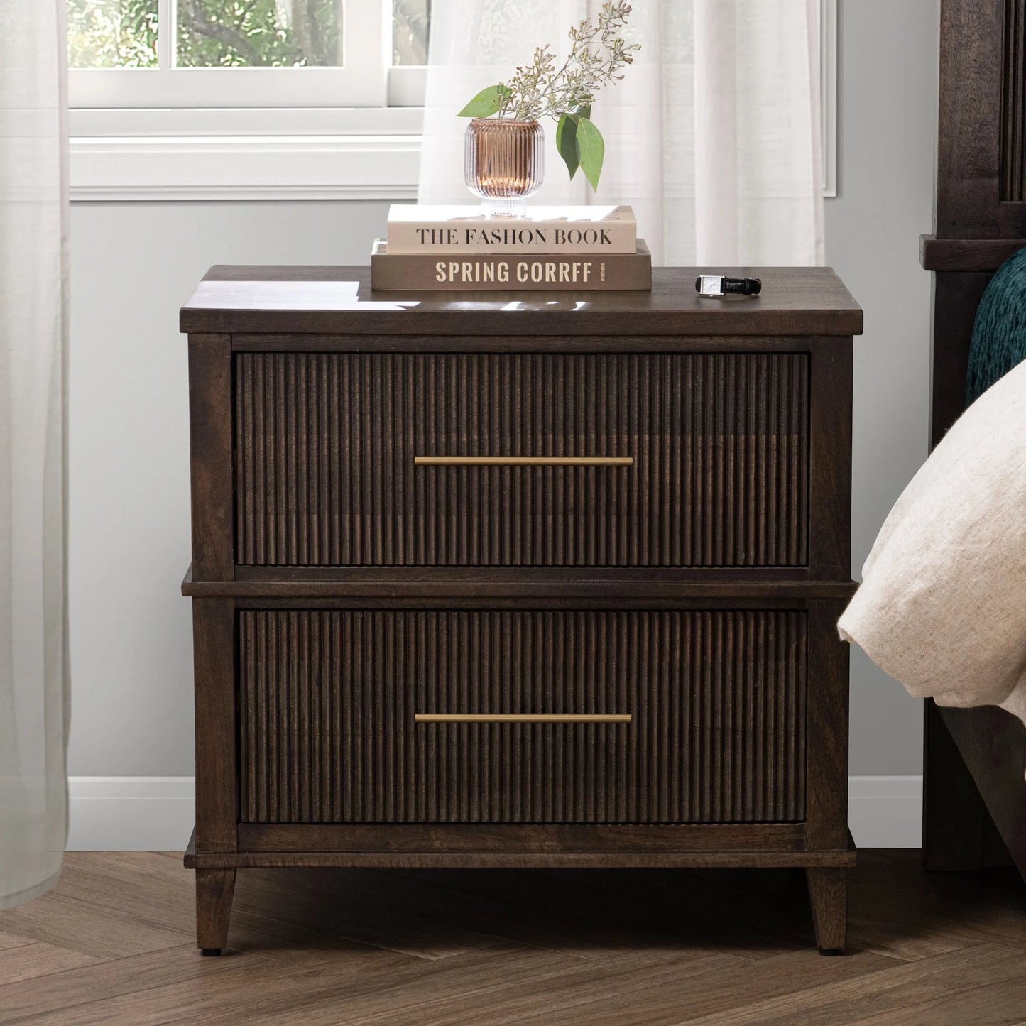 008 SI-2353758 | Lifestyle | Westlake 2-Drawer Mango Wood Nightstand by Classic Home. Made from mango wood in a traditional style.