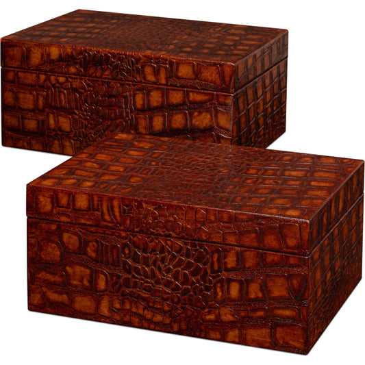 Candece Leather Box by Sarreid Ltd.. Made from croco embossed leather over wood in a unique style.