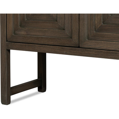 Dice 4 Door Sideboard by Sarreid Ltd. in brown. Made from reclaimed beech wood in a unique style.