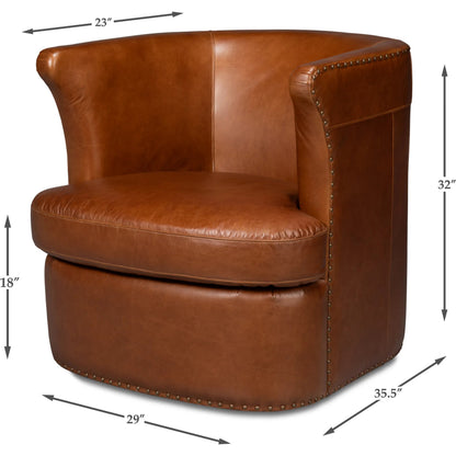 Spencer Distilled Leather Swivel Chair by Sarreid Ltd. in havana brown. Made from leather in a traditional style.