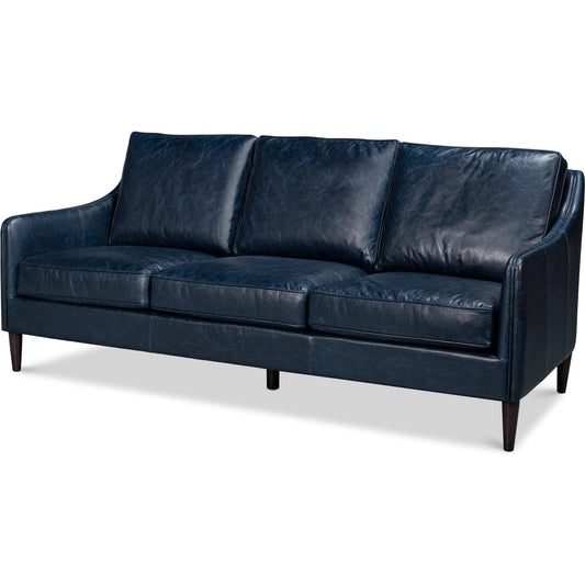 Alehandro Leather Sofa by Sarreid Ltd. in chateau blue. Made from leather, wood in a unique style.