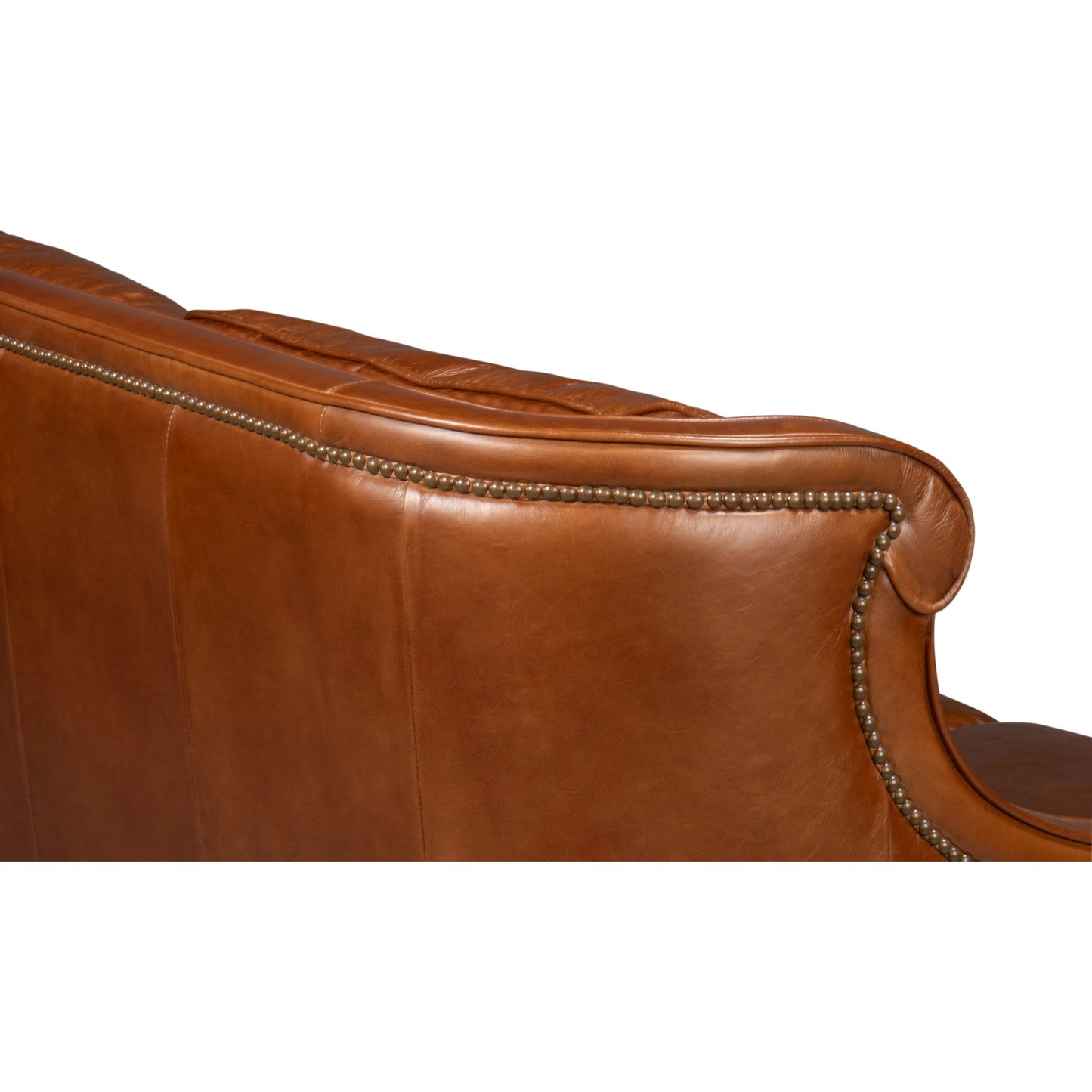 008 SI-2238618 | Closeup | Philipe Distilled Leather Sofa by Sarreid Ltd. in havana brown. Made from leather in a traditional style.