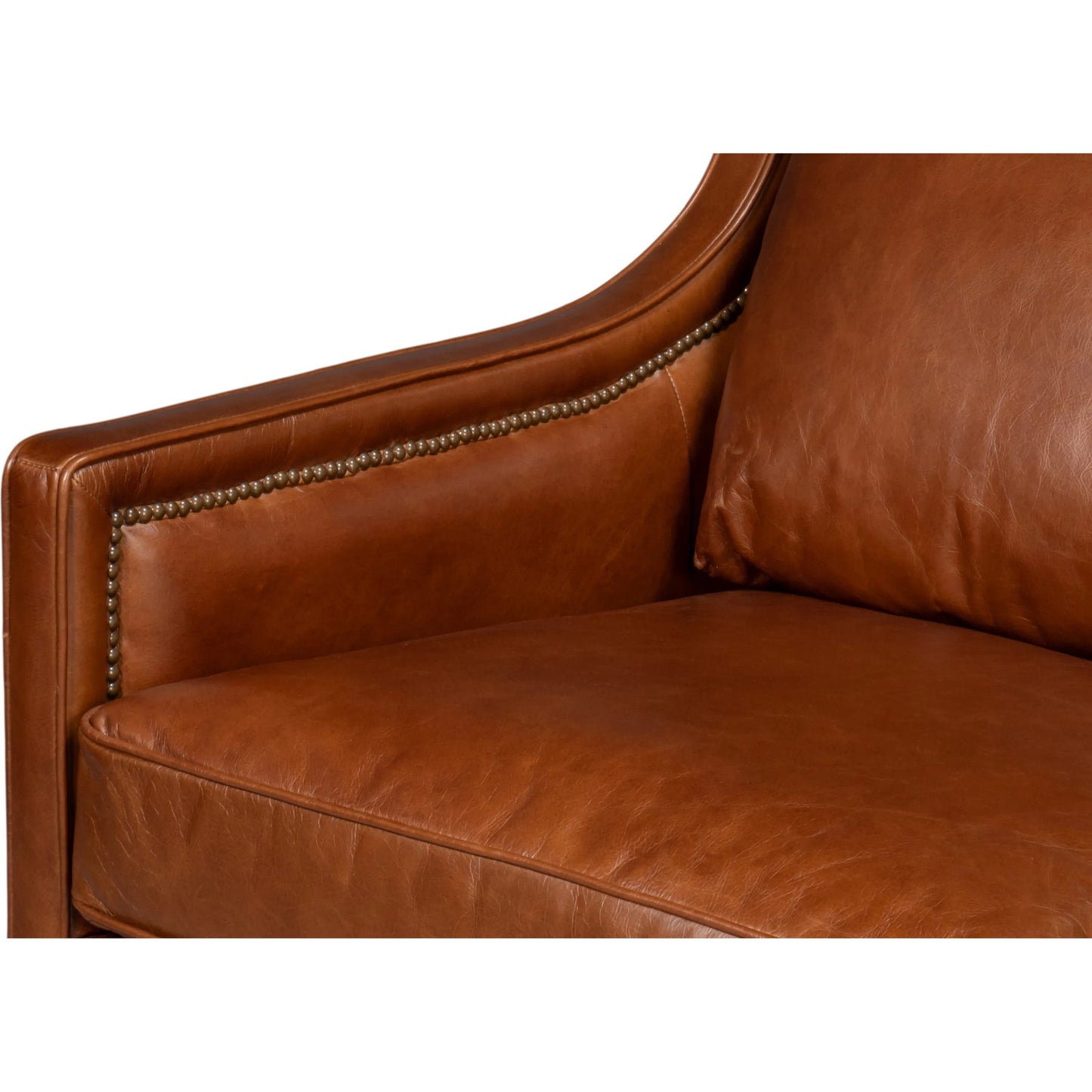 012 SI-2238618 | Closeup | Philipe Distilled Leather Sofa by Sarreid Ltd. in havana brown. Made from leather in a traditional style.