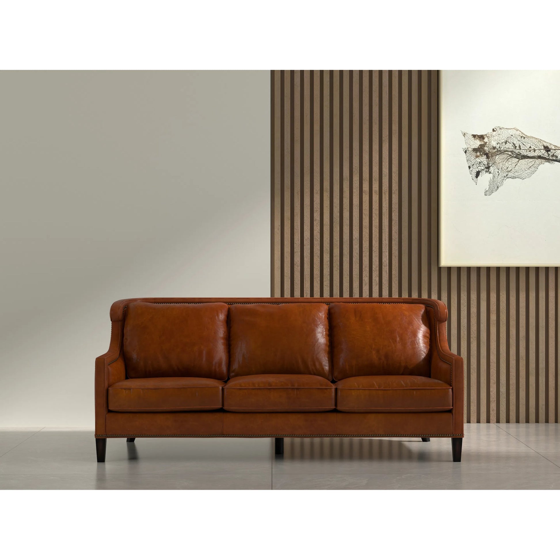Philipe Distilled Leather Sofa by Sarreid Ltd. in havana brown. Made from leather in a traditional style.