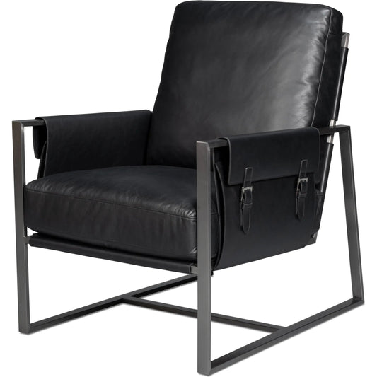Edmonds Distilled Leather Chair by Sarreid Ltd. in onyx black. Made from leather, iron in a unique style.