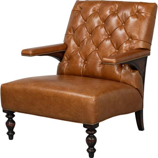 Dawson Distilled Leather Chair by Sarreid Ltd. in brown and cuba brown leather, wood, antique brass nail heads. Made from unique in a traditional style.