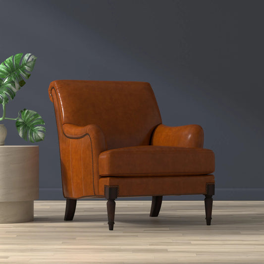 Gaston Distilled Leather Chair by Sarreid Ltd. in havana brown. Made from havana brown leather, wood in a unique style.