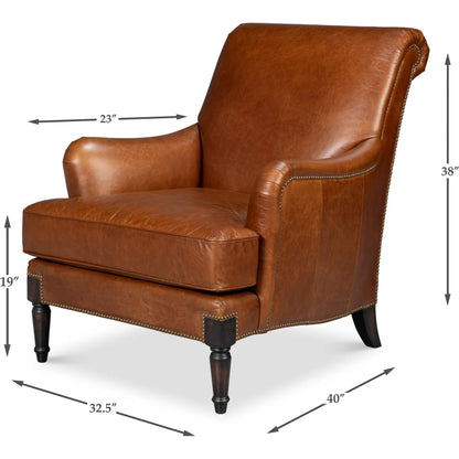 Gaston Distilled Leather Chair by Sarreid Ltd. in havana brown. Made from havana brown leather, wood in a traditional style.