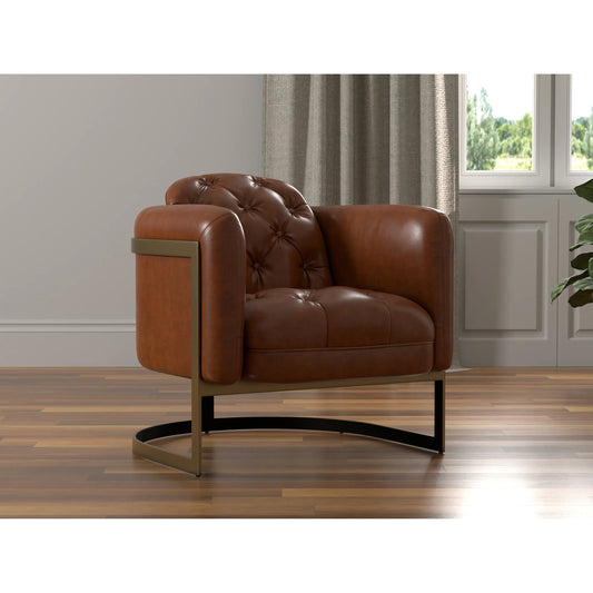 Finn Leather Club Chair by Sarreid Ltd. in havana brown. Made from havana leather, stainless steel in a unique style.