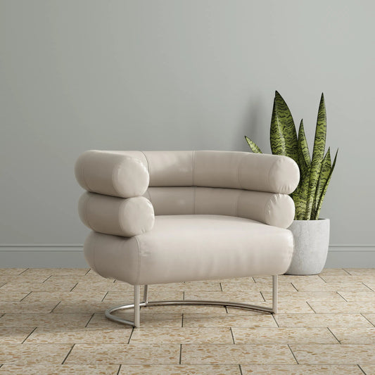 Rondo Occasional Leather Chair by Sarreid Ltd. in crystal white. Made from leather, polished stainless steel in a unique style.