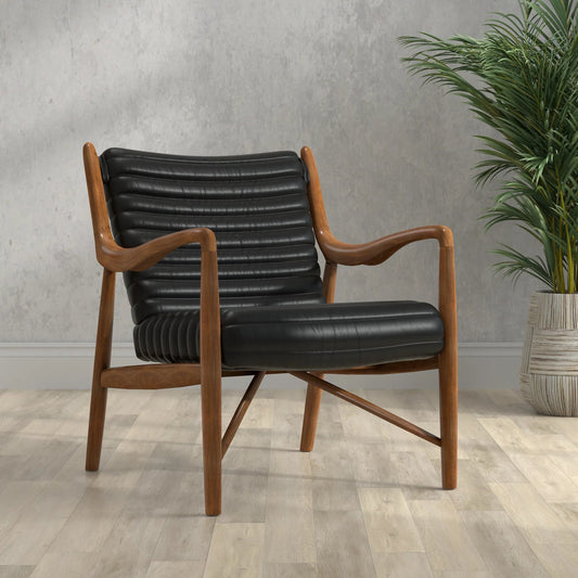 Singletary Leather Chair by Sarreid Ltd. in onyx black. Made from leather, wood in a unique style.