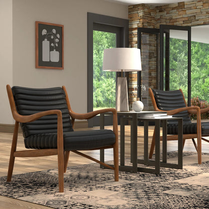 Singletary Leather Chair by Sarreid Ltd. in onyx black. Made from leather, wood in a traditional style.