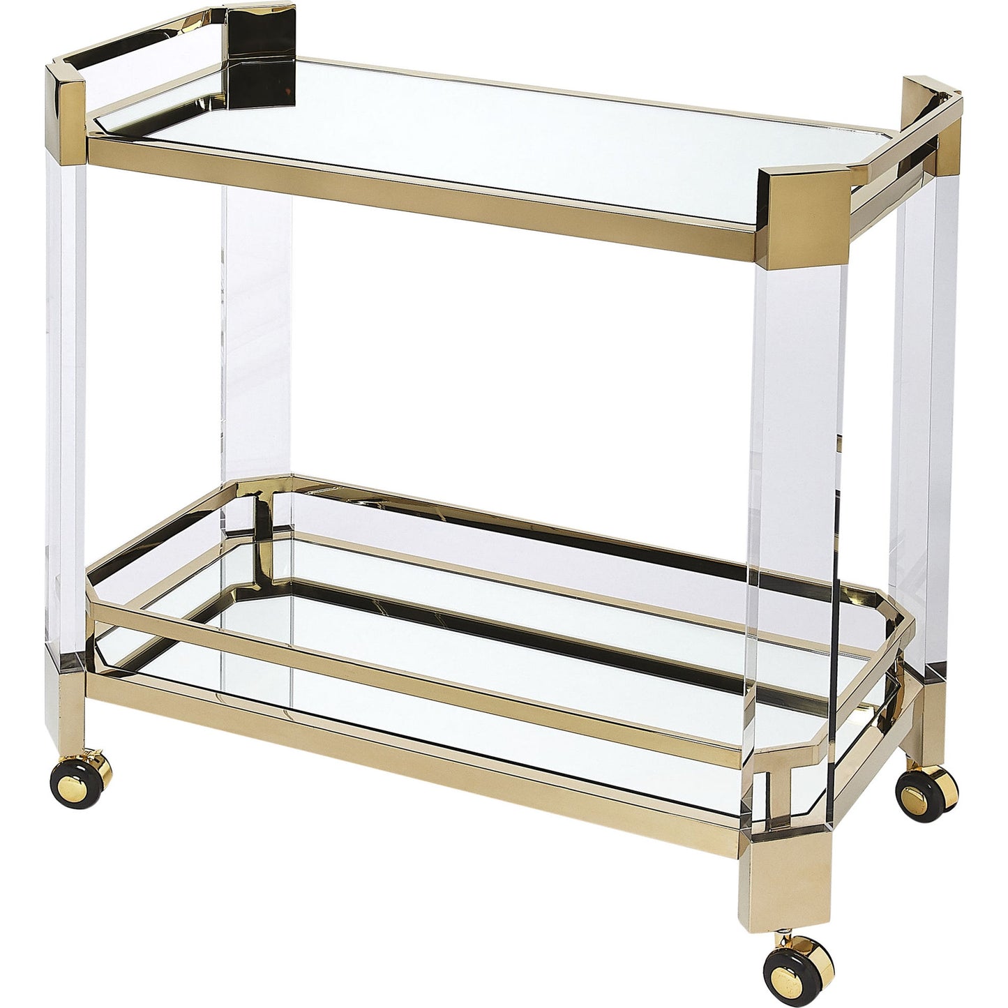 001 SR-770442 | Primary Silo | Charlevoix Serving Cart by Butler Specialty Company in gold and polished gold. Made from stainless steel, high polished gold, acrylic, clear glass, mirror glass, stainless steel casters, high polished gold finish in a transit