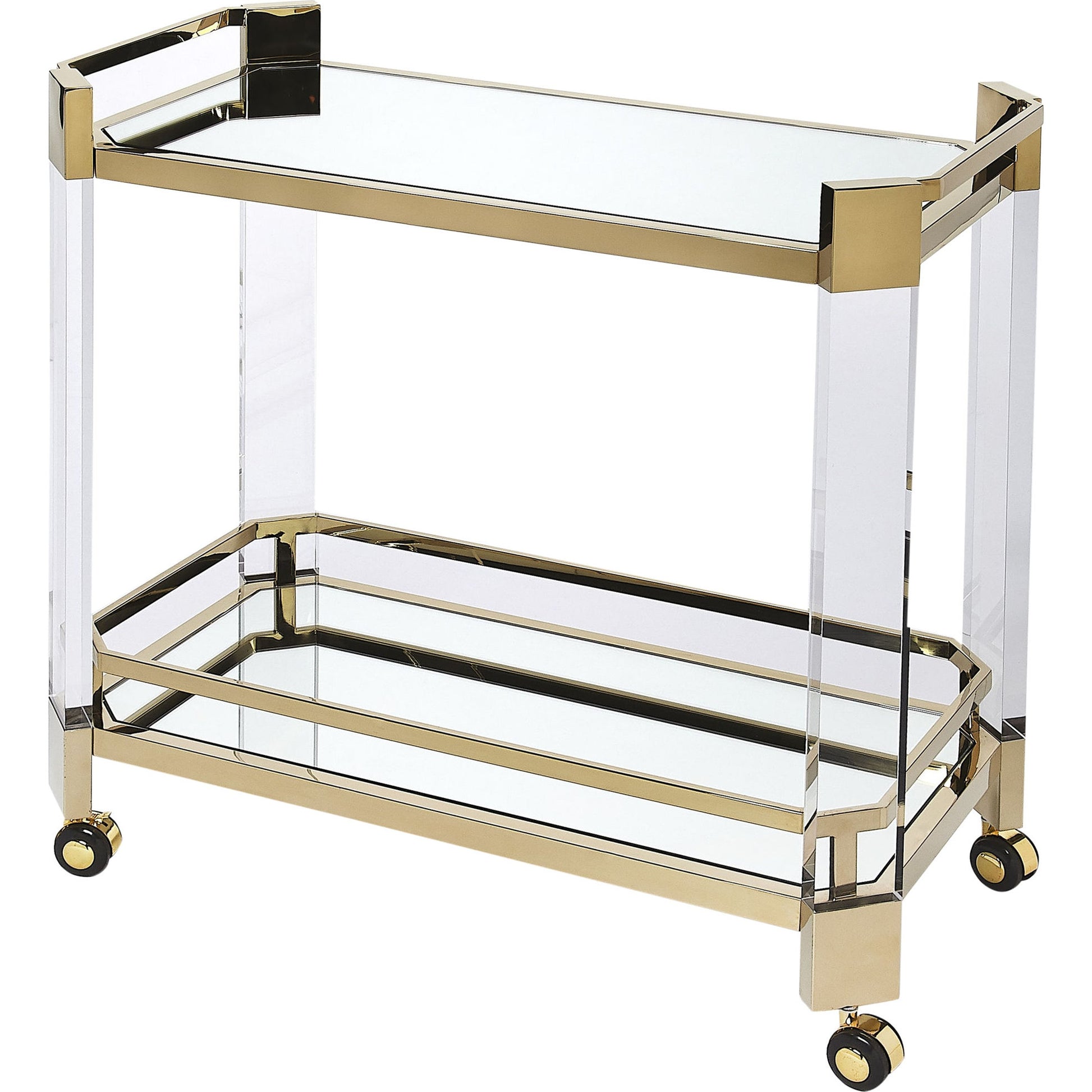 Charlevoix Serving Cart by Butler Specialty Company in gold and polished gold. Made from stainless steel, high polished gold, acrylic, clear glass, mirror glass, stainless steel casters, high polished gold finish in a transit
