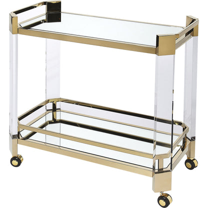 Charlevoix Serving Cart by Butler Specialty Company in gold and polished gold. Made from stainless steel, high polished gold, acrylic, clear glass, mirror glass, stainless steel casters, high polished gold finish in a transit