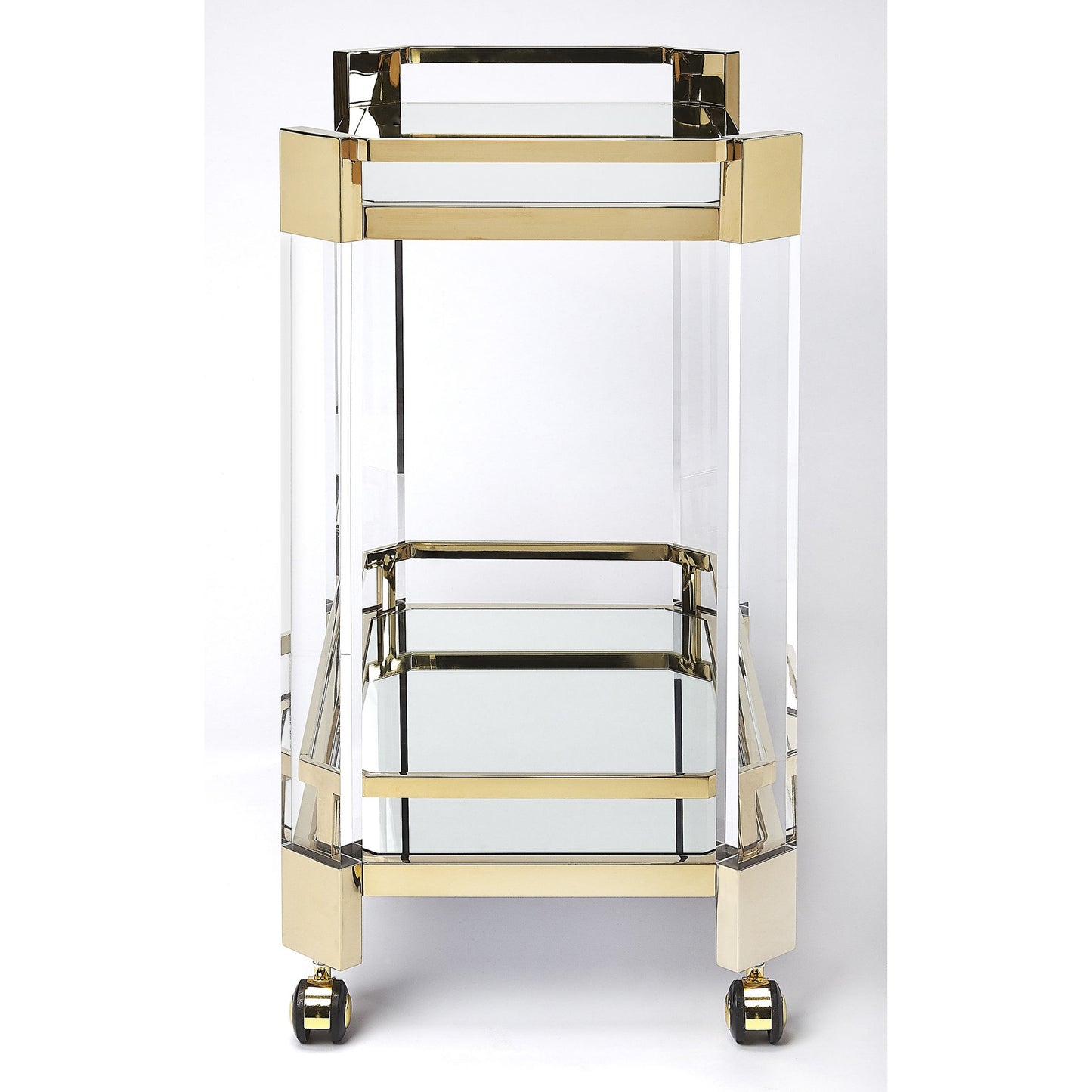 003 SR-770442 | Additional Silo | Charlevoix Serving Cart by Butler Specialty Company in gold and polished gold. Made from stainless steel, high polished gold, acrylic, clear glass, mirror glass, stainless steel casters, high polished gold finish in a tran