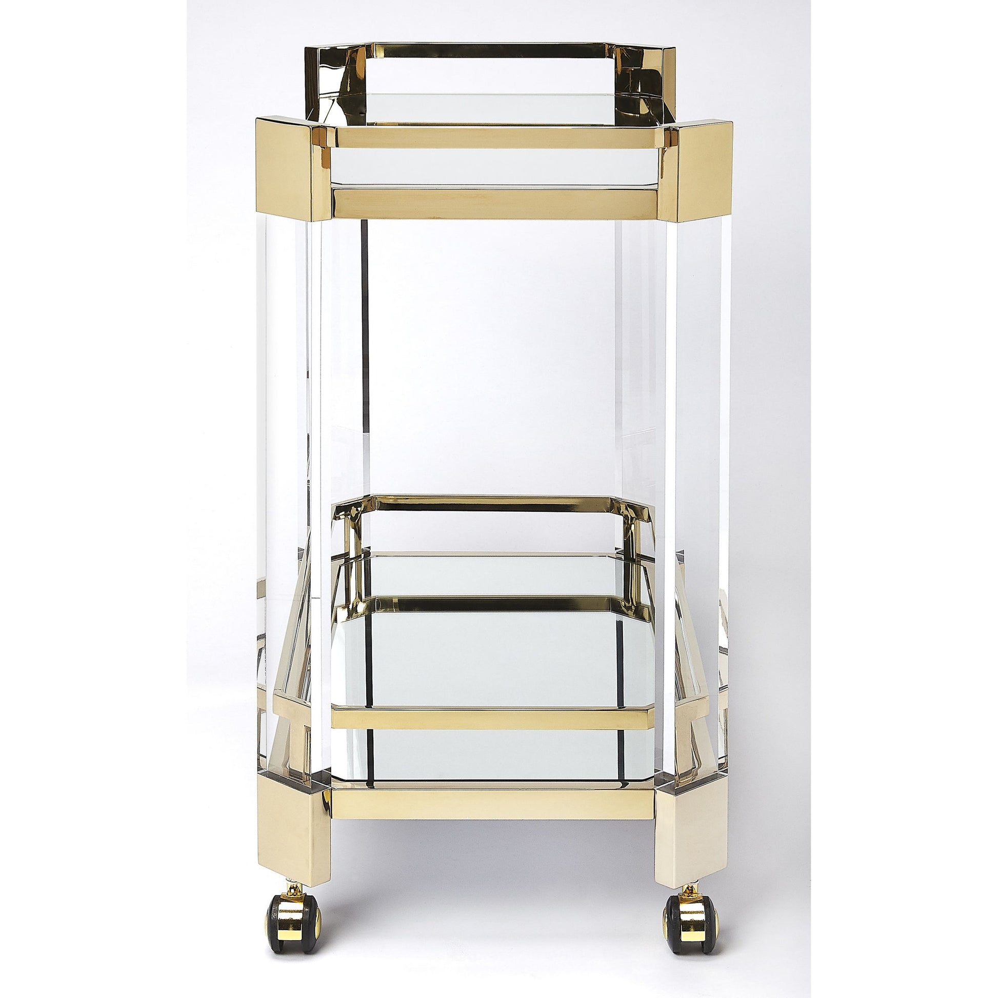 Charlevoix Serving Cart by Butler Specialty Company in gold and polished gold. Made from stainless steel, high polished gold, acrylic, clear glass, mirror glass, stainless steel casters, high polished gold finish in a tran