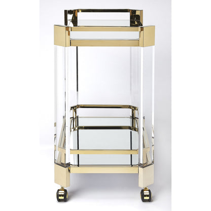 Charlevoix Serving Cart by Butler Specialty Company in gold and polished gold. Made from stainless steel, high polished gold, acrylic, clear glass, mirror glass, stainless steel casters, high polished gold finish in a tran