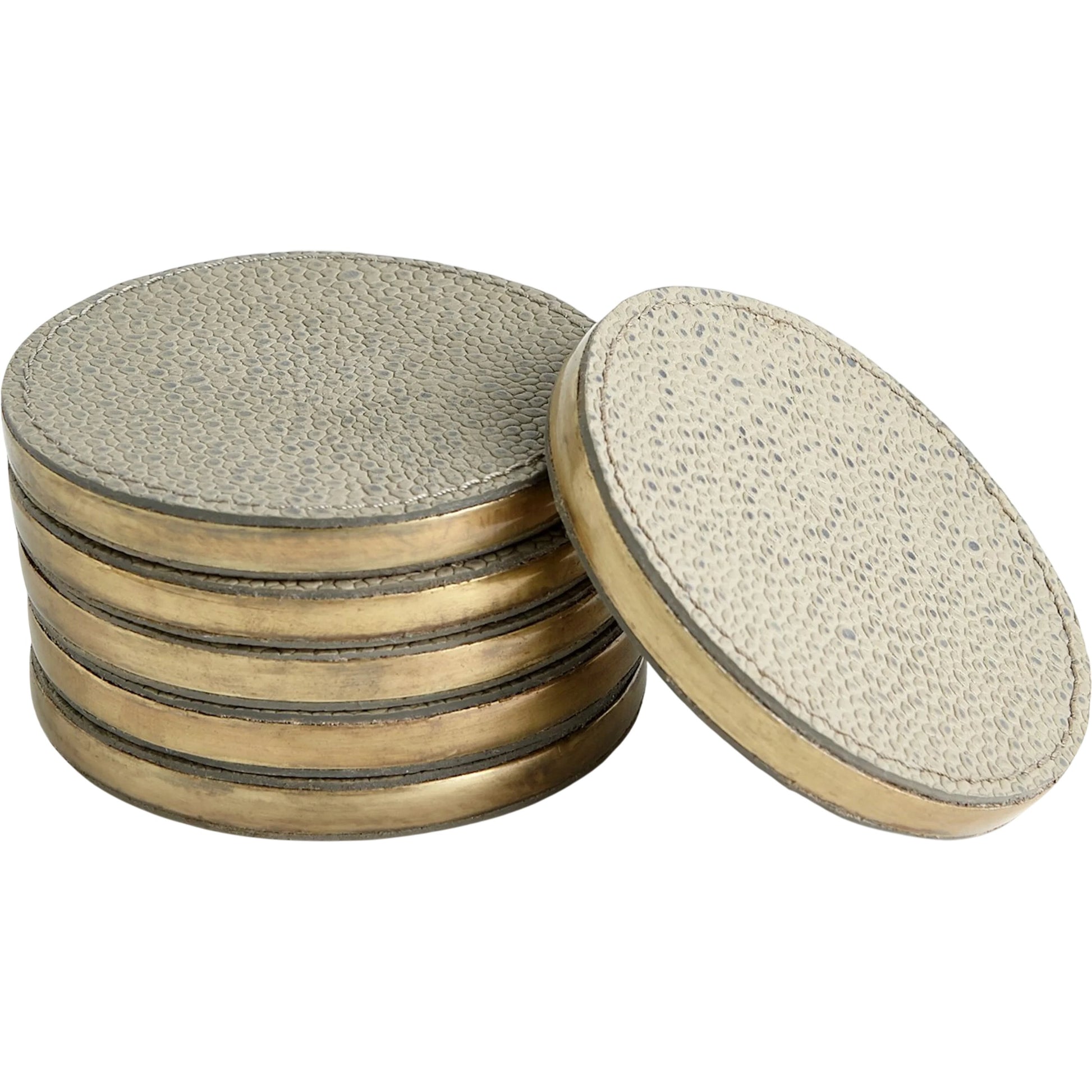 Alpen Coasters by Global Views. Made from mdf, brass, leather, polyester suede in a transitional style.