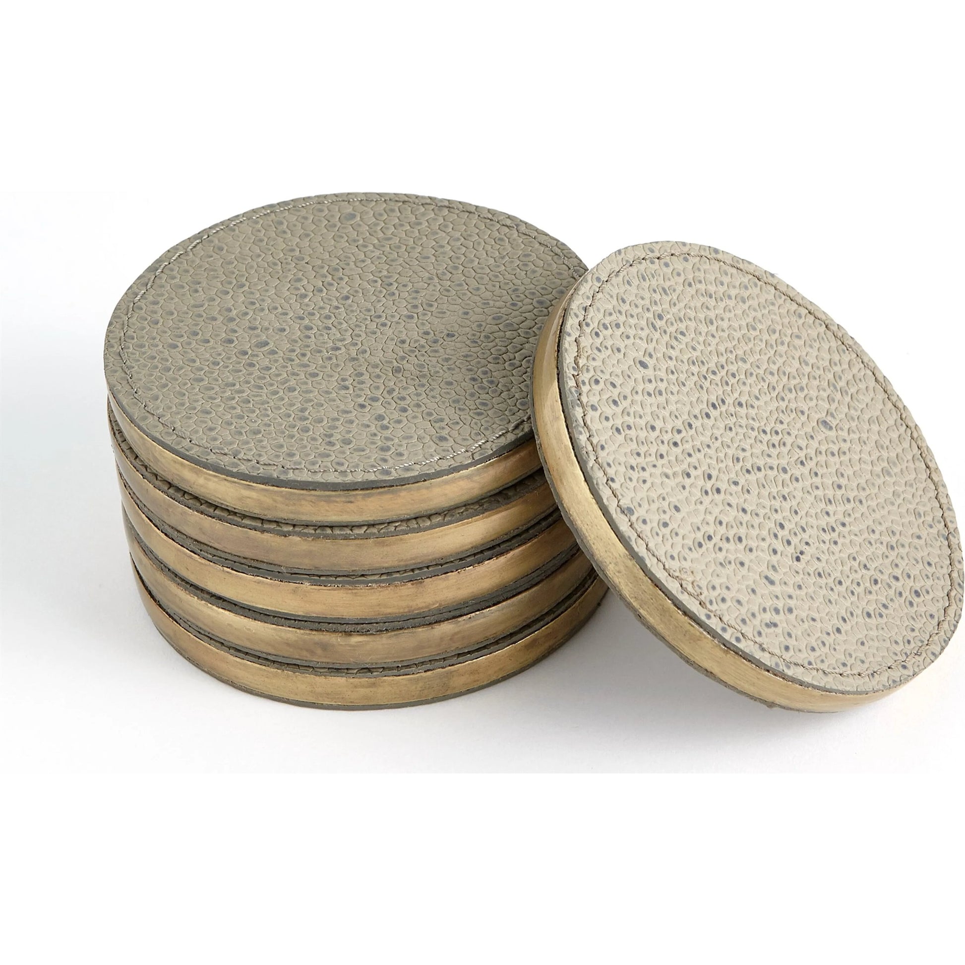 Alpen Coasters by Global Views. Made from mdf, brass, leather, polyester suede in a transitional style.