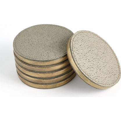 Alpen Coasters by Global Views. Made from mdf, brass, leather, polyester suede in a transitional style.