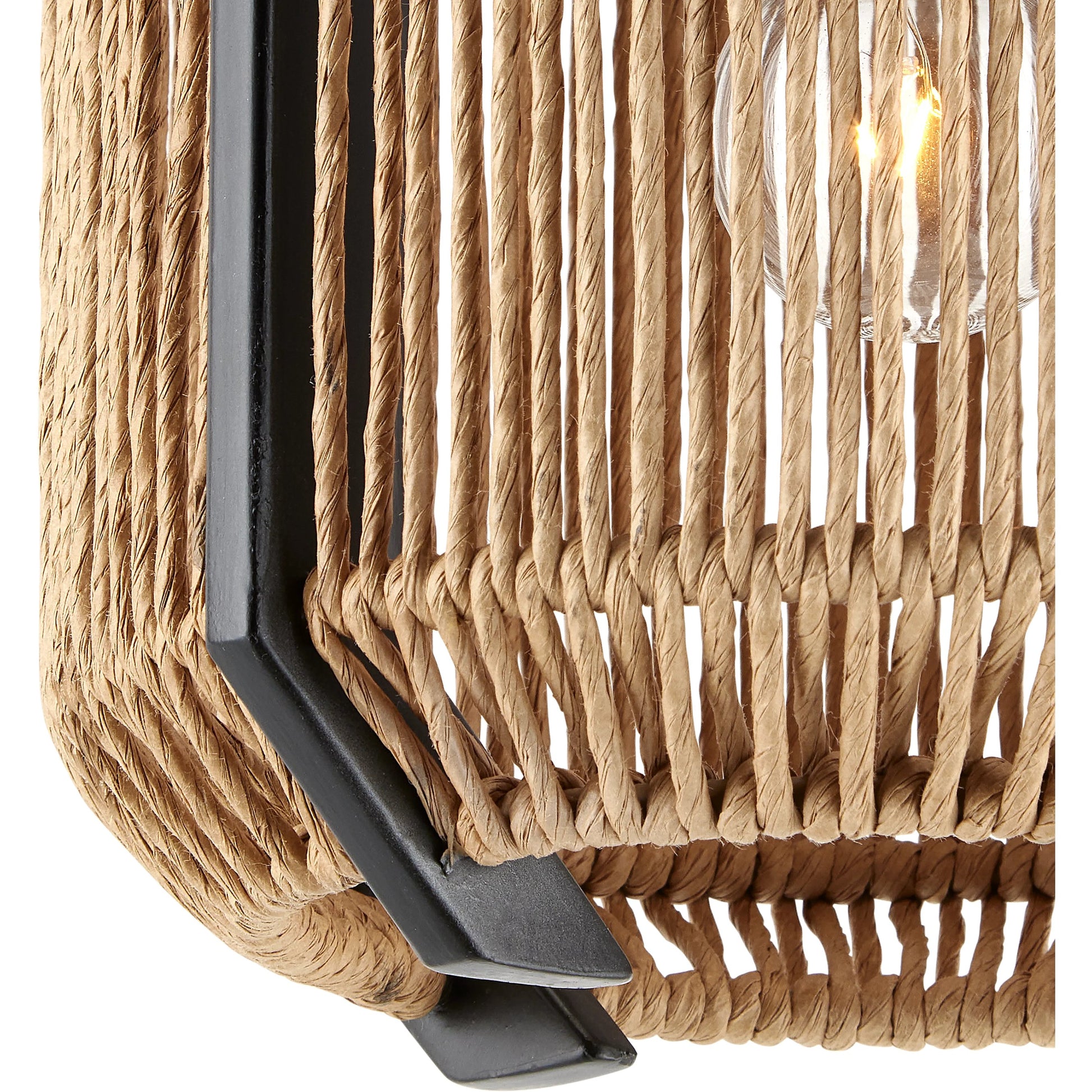 Mali Wall Sconce by Currey and Company in natural, satin black. Made from kraft paper twine, wrought iron in a coastal style.