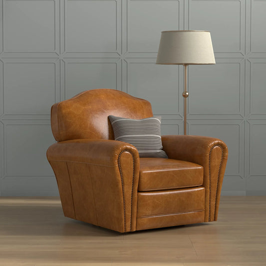 Elite French Club Swivel Chair by Sarreid Ltd.. Made from top grain cow leather, metal in a transitional style.