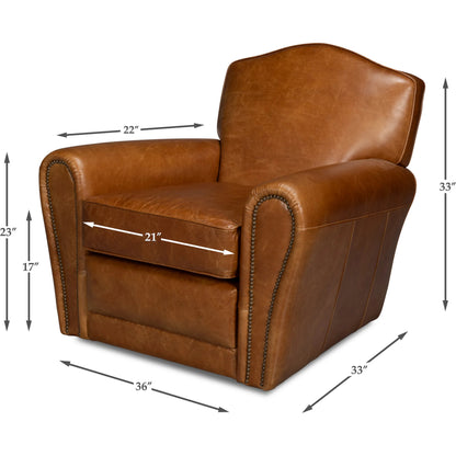 Elite French Club Swivel Chair by Sarreid Ltd.. Made from top grain cow leather, metal in a transitional style.