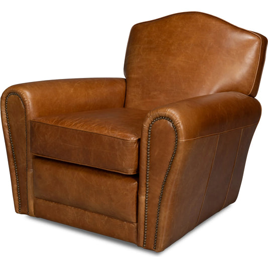 001 SI-2238666 | Primary Silo | Elite French Club Swivel Chair by Sarreid Ltd.. Made from top grain cow leather, metal in a transitional style.