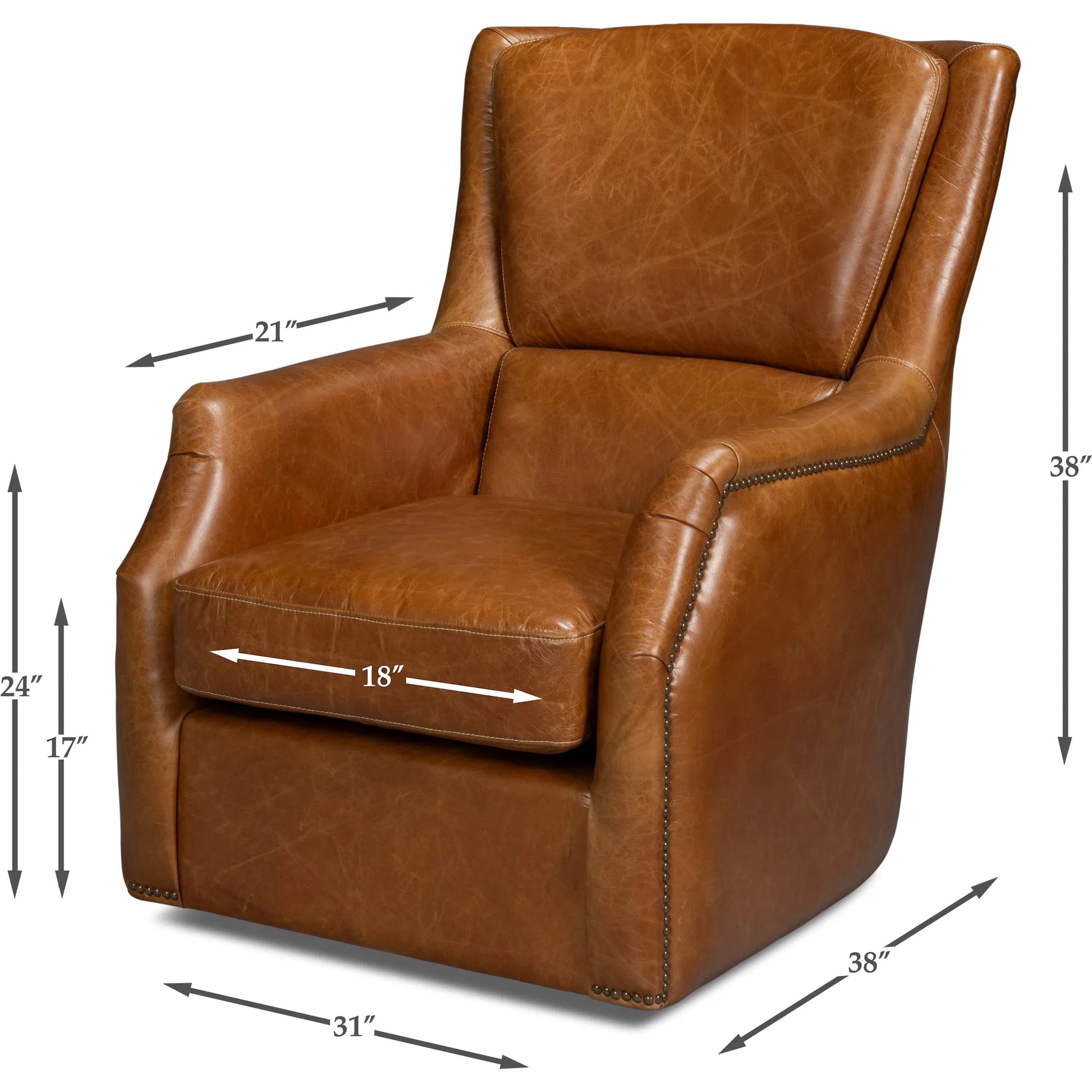 Baker Leather Swivel Chair by Sarreid Ltd.. Made from wood, nailhead, leather in a transitional style.