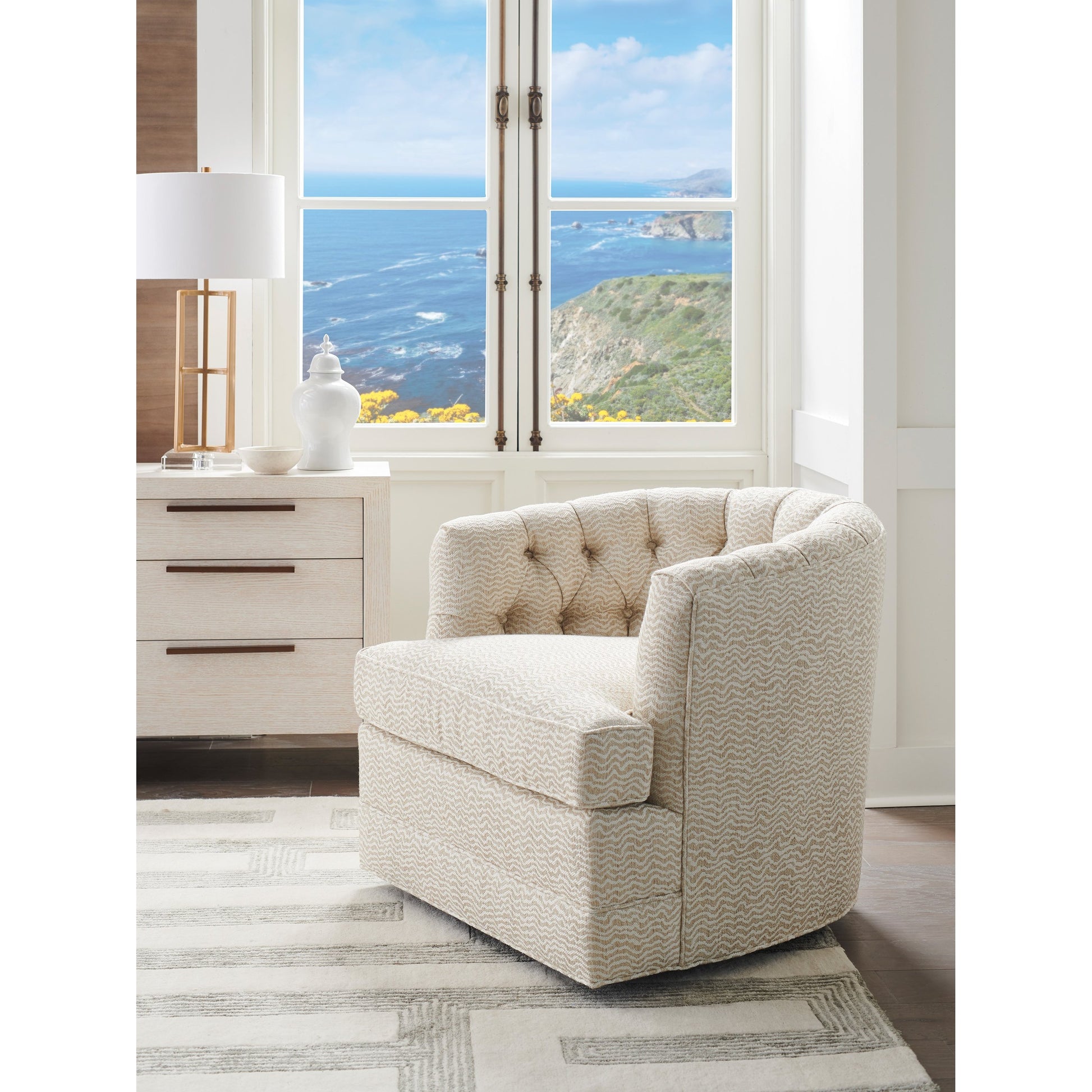 Cliffhaven Swivel Chair by Barclay Butera. Made from unique in a eclectic & global style.