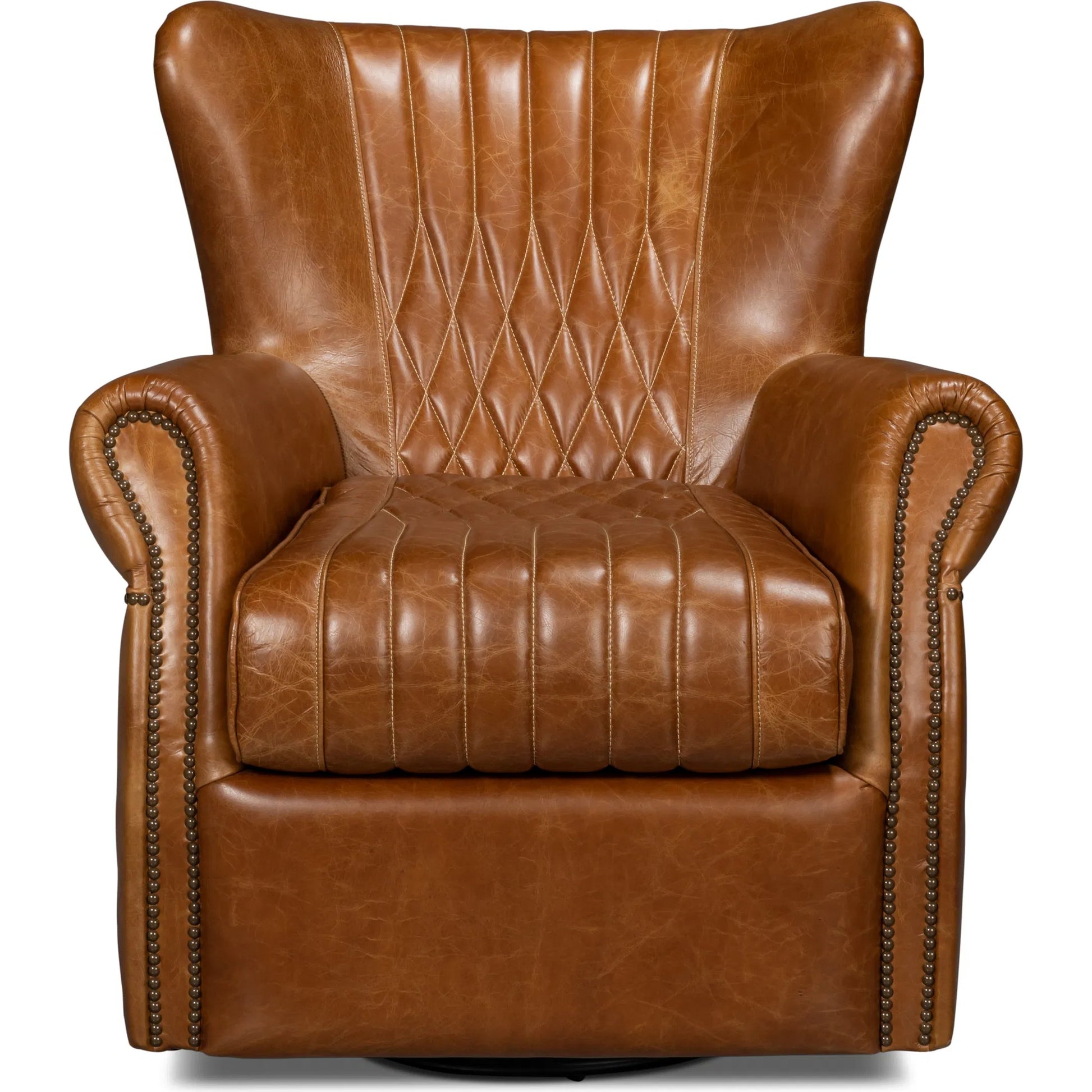 Bugatti Leather Swivel Chair by Sarreid Ltd.. Made from wood, nailhead, leather in a transitional style.