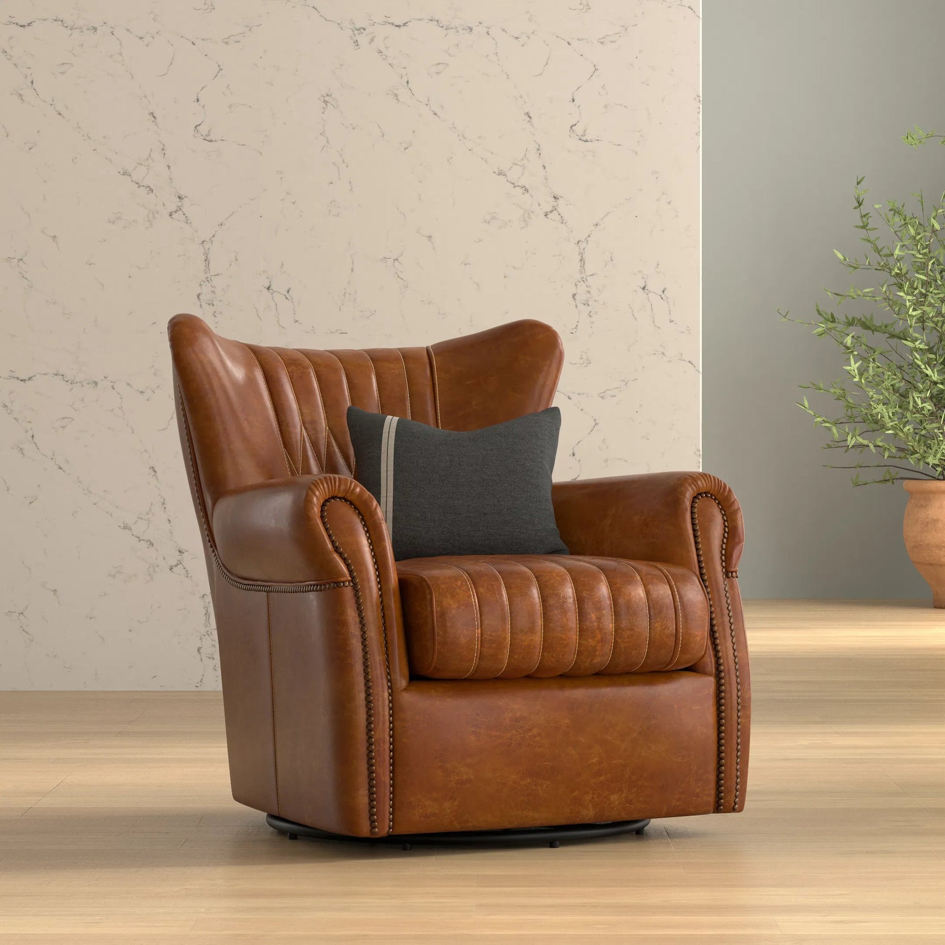 Bugatti Leather Swivel Chair by Sarreid Ltd.. Made from wood, nailhead, leather in a transitional style.