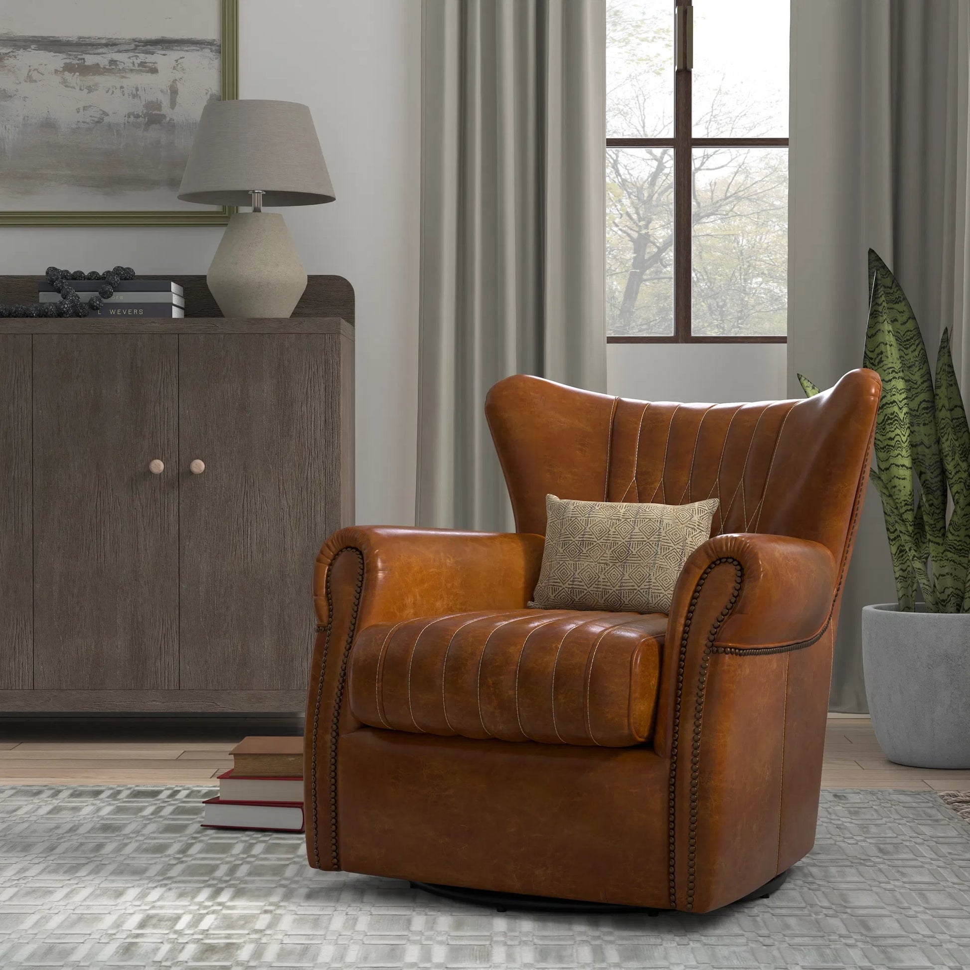 Bugatti Leather Swivel Chair by Sarreid Ltd.. Made from wood, nailhead, leather in a transitional style.