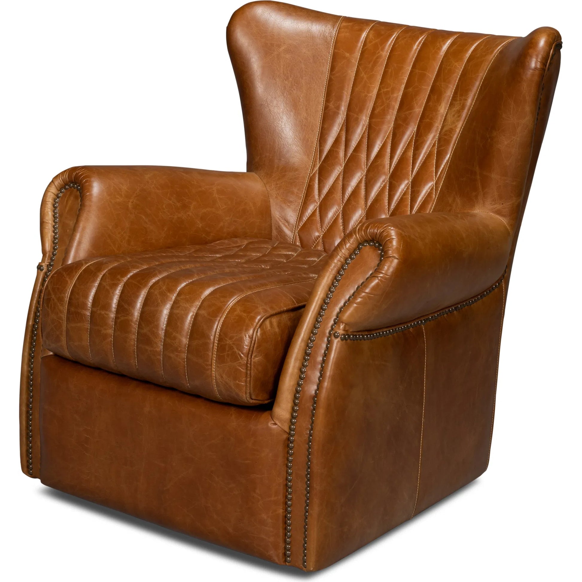 Bugatti Leather Swivel Chair by Sarreid Ltd.. Made from wood, nailhead, leather in a transitional style.